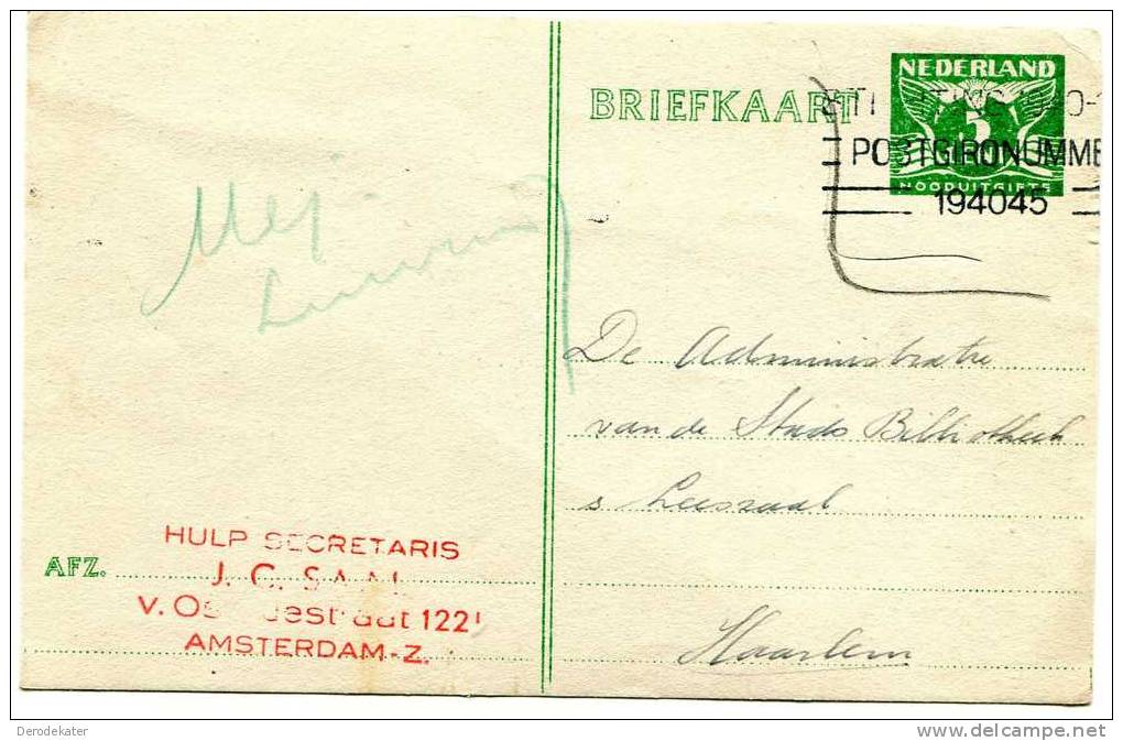 Briefkaart 1945. Nooduitgifte. 5 Cent. Stempel 'Postgironummer 194045'. Afz.Hulp Secretaris Saal.. Gelopen. - Postal Stationery