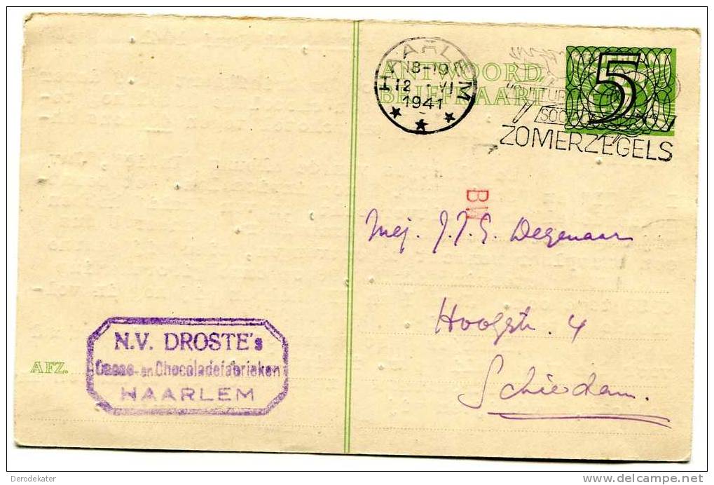 Antwoord Briefkaart 3 Cent, Overdruk 5 Cent. 1941.Stempel Haarlem. Afz.stempel Droste Chocoladefabrieken. - Postal Stationery