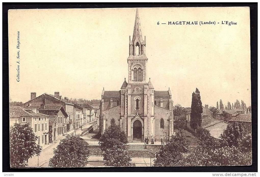 CPA  ANCIENNE- FRANCE- HAGETMAU (40)- L'EGLISE EN GROS PLAN AVEC ANIMATION DEVANT- MARRONIERS EN FLEURS - Hagetmau