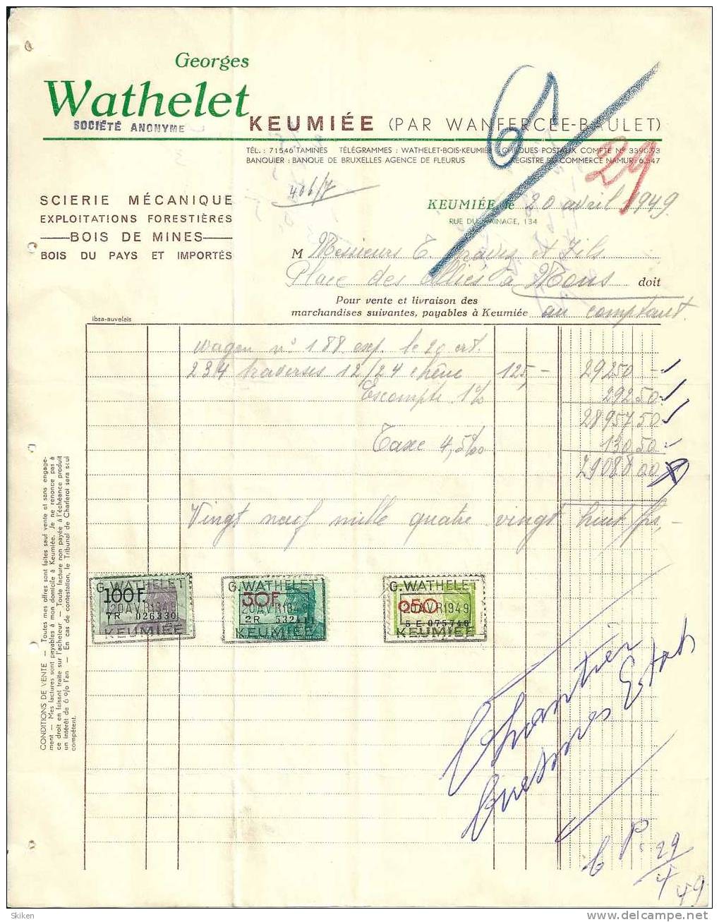 KEUMIEE  WATHELET GEORGES  Scierie Mecanique  Bois De Mines ...20.04.1949 - Autres & Non Classés