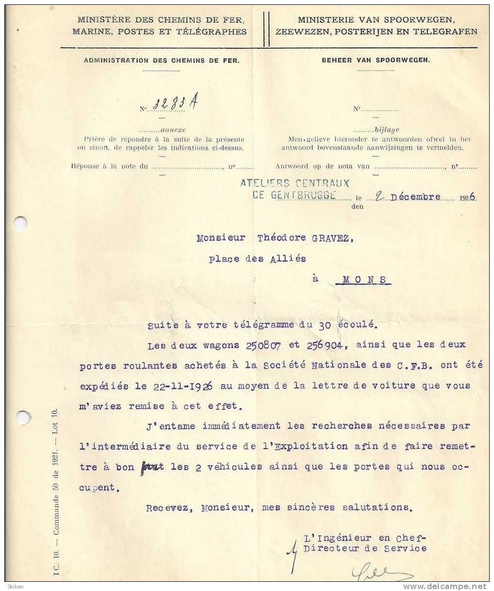 GENTBRUGGE  Administration Des Chemins De Fer  2.12.1926 - Autres & Non Classés