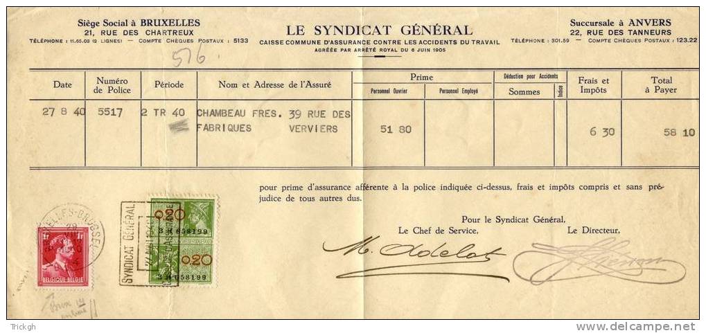 Kwijting Quittance Le Syndicat Général Bruxelles-Brussel 14  / 29.VIII.1940 + Taxe - Documents