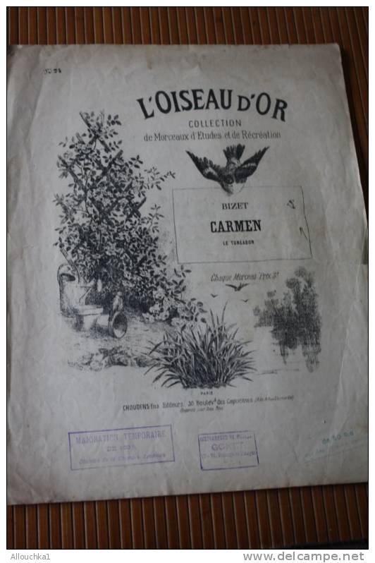 CARMEN DE BIZET L'OISEAU D'OR COLLECTION DE MORCEAUX ETUDES ET DE RECREATION  CHOUDENS EDIT MUSIQUE CLASSSIQUE PARTITION - A-C