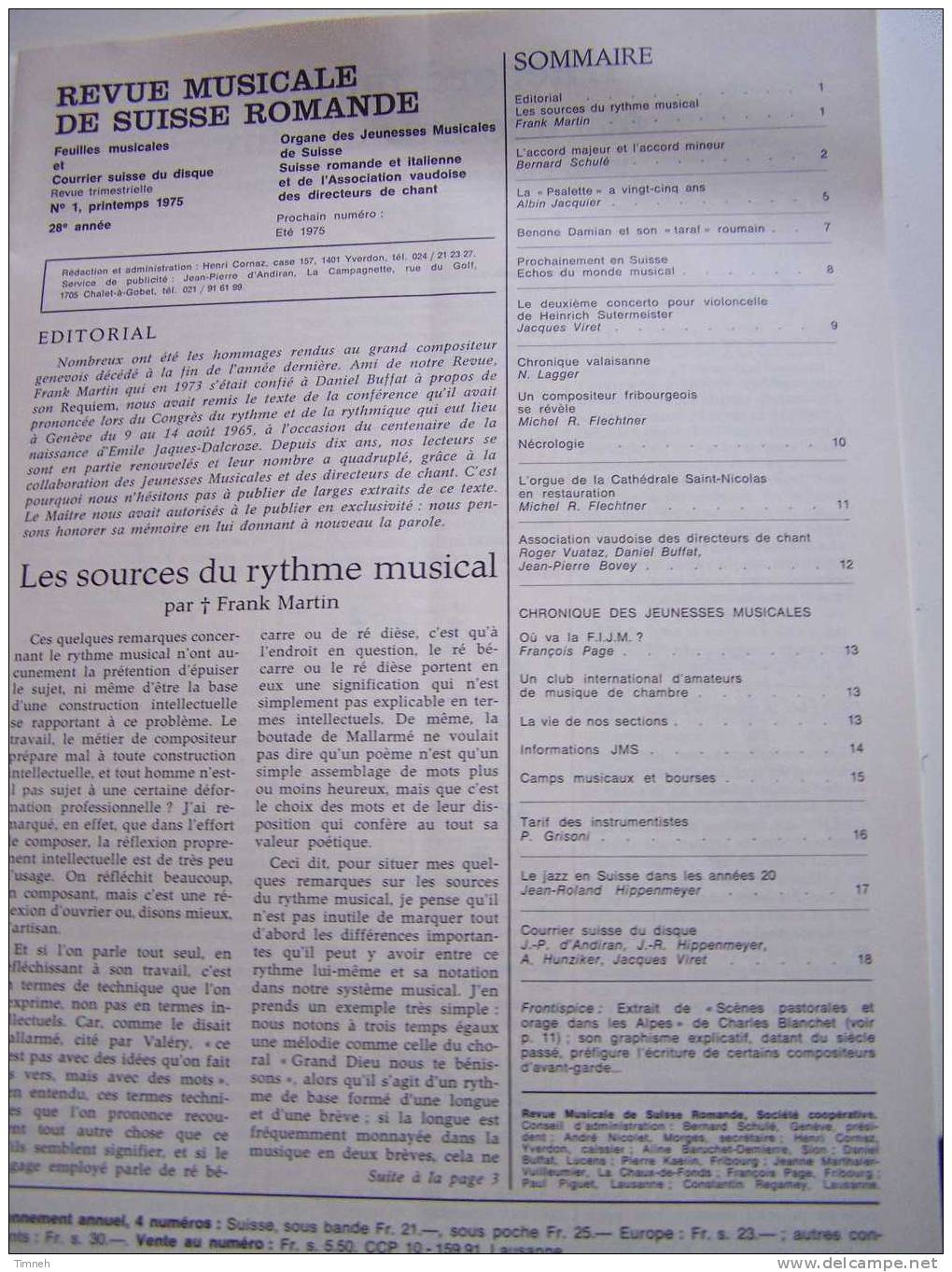REVUE MUSICALE DE SUISSE ROMANDE-1975 Et Organe Des Jeunesses Musicales De Suisse- - Muziek