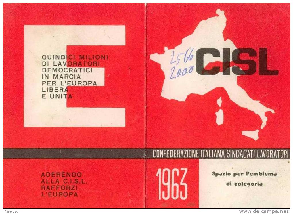 TESSERA SINDACATO CISL 1963- - Andere & Zonder Classificatie