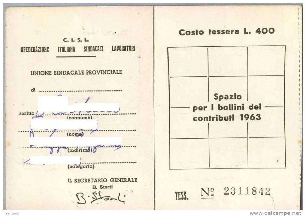 TESSERA SINDACATO CISL 1963- - Andere & Zonder Classificatie