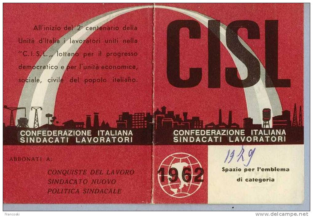 TESSERA SINDACATO CISL 1962- - Andere & Zonder Classificatie