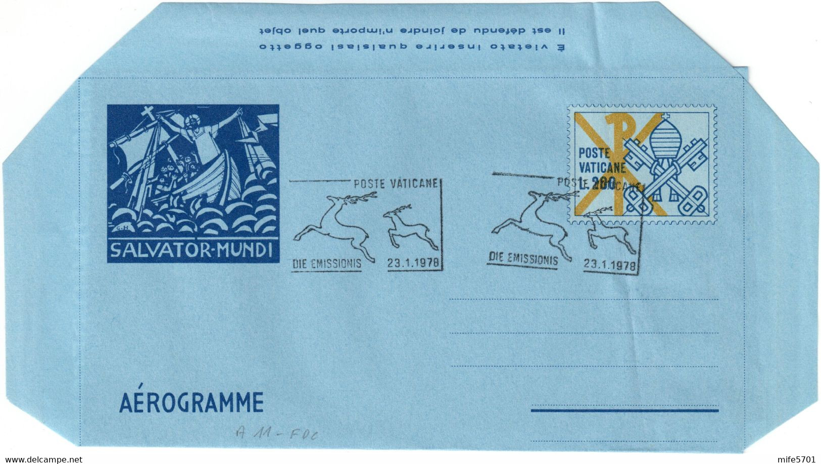 VATICANO - INTERO POSTALE / AEROGRAMMA TIPO SALVATOR MUNDI L. 200 - 1978 - CATALOGO FILAGRANO "A15" - FDC 23.1.1978 - Postal Stationeries