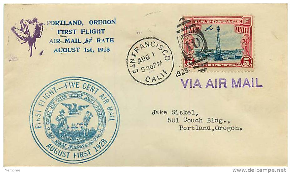 1928  Portland OR First Flight At New 5 Cent Rate  C 11 - 1c. 1918-1940 Covers