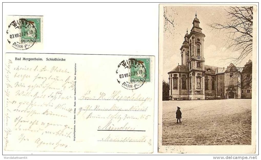 AK Bad Mergentheim. Schloßkirche 23.VII.27 Z 532 WÜRTT. MO 36 BAHN-POST Nach München Mit 1 X 5 PF DEUTSCHES REICH "Köpfe - Bad Mergentheim