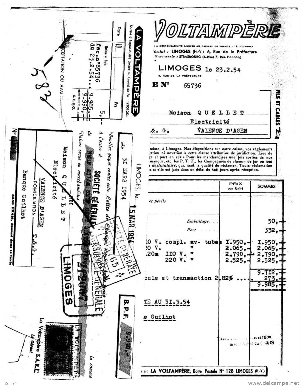 LA VOLTAMPERE-LIMOGES- Timbre Fiscal à 5 Francs Et Cachet Societe Generale-Timbré Courier Figaro 12 Fr - Elettricità & Gas