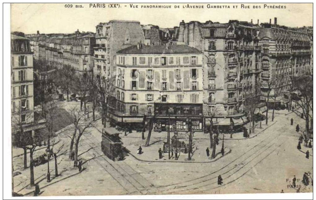 75) PARIS XX  VUE PANORAMIQUE DE L'AVENUE GAMBETTA ET RUE DES PYRENEES (tres Belle Animation) 1917 - Distrito: 20