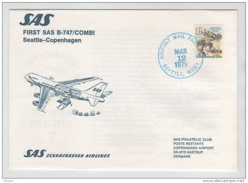 USA SAS First Flight B-747/combi Seattle - Copenhagen 12-3-1979 - Lettres & Documents