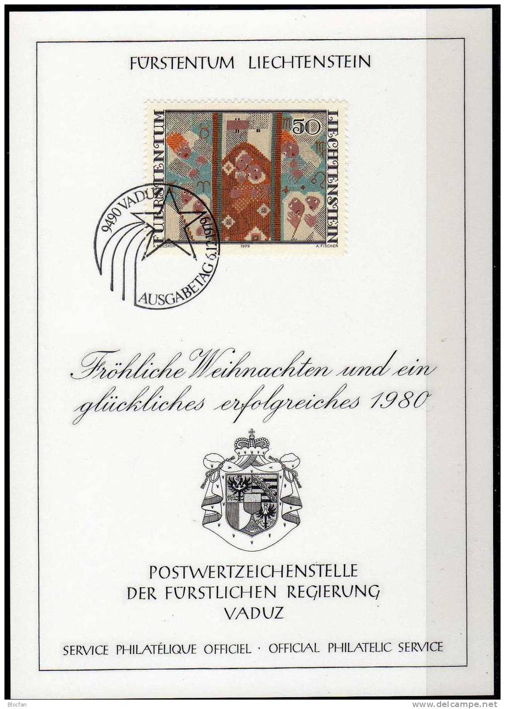 Weihnachten Neujahr-Karte 1980 Liechtenstein 739 Karte O 10€ Christmas Stickerei Weihnacht-Motiv New Year Art Card Of FL - Liechtenstein