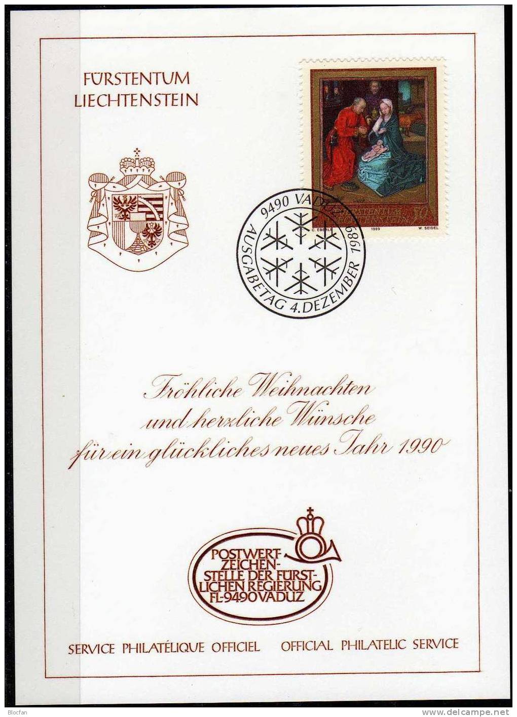 Weihnachten Neujahr-Karte 1990 Liechtenstein 979 Karte O 10€ Christmas Weihnacht-Gemälde Maria/Josef New Year Card Of FL - Liechtenstein