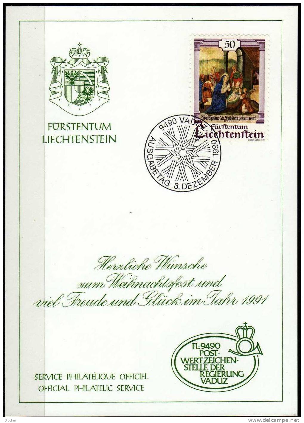 Weihnachten Neujahrs-Karte 1991 Liechtenstein 1006 Karte O 10€ Christmas Weihnachts-Gemälde Krippe New Year Card - Liechtenstein