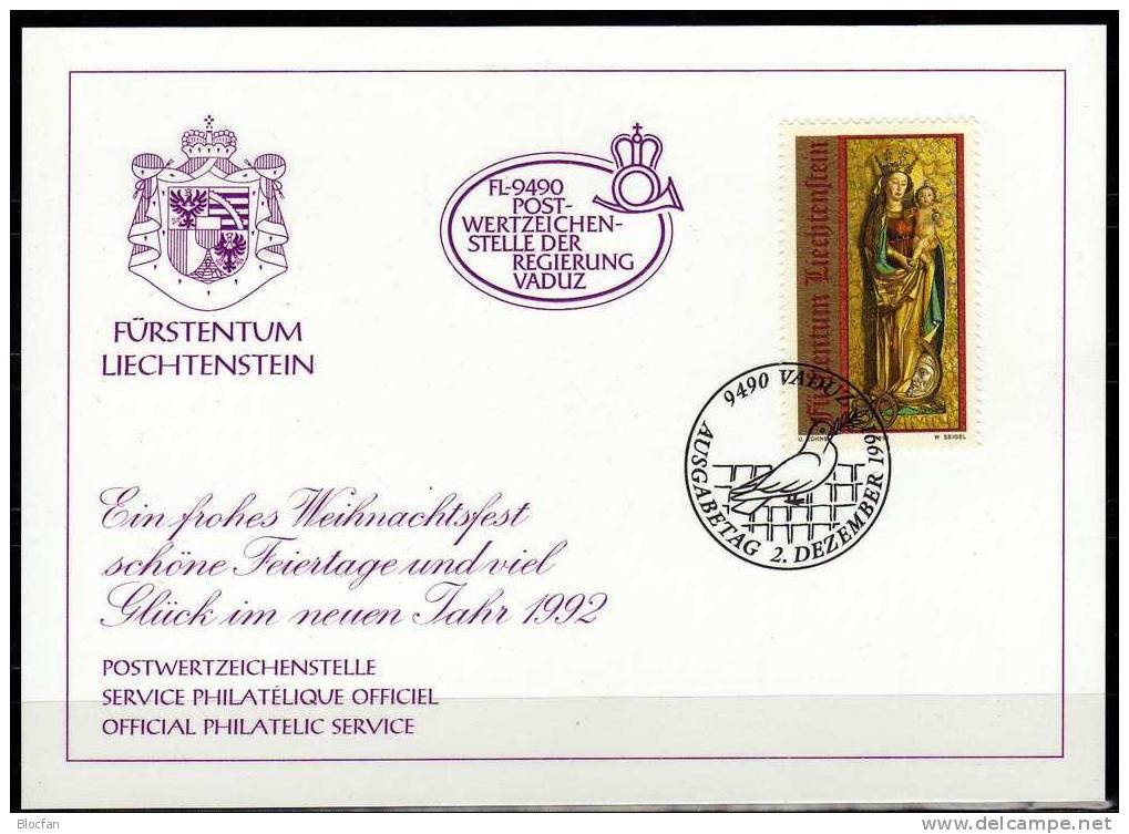 Weihnachten Neujahrs-Karte 1992 Liechtenstein 1028 Karte O 10€ Christmas Weihnachts-Kunst Madonna New Year Card - Liechtenstein