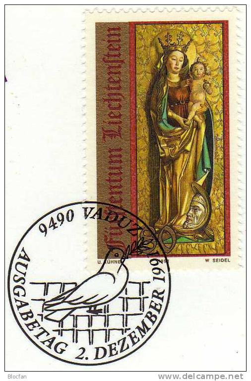 Weihnachten Neujahrs-Karte 1992 Liechtenstein 1028 Karte O 10€ Christmas Weihnachts-Kunst Madonna New Year Card - Liechtenstein