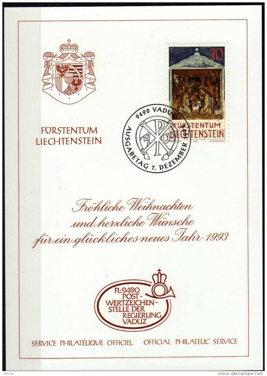 Weihnachten Neujahrs-Karte 1993 Liechtenstein 1051 Karte O 10€ Christmas Weihnachts-Relief Krippen-Szene New Year Card - Liechtenstein