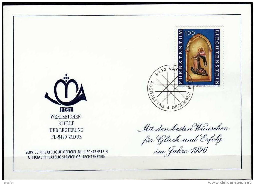 Weihnachten Neujahrs-Karte 1996 Liechtenstein 1122 Karte O 10€ Christmas Weihnachts-Kunst Betender Engel New Year Card - Liechtenstein