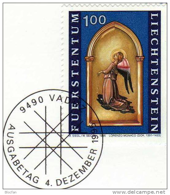 Weihnachten Neujahrs-Karte 1996 Liechtenstein 1122 Karte O 10€ Christmas Weihnachts-Kunst Betender Engel New Year Card - Liechtenstein