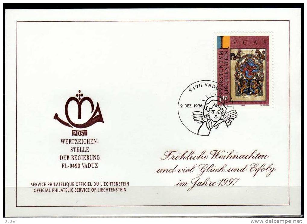 Weihnachten Neujahrs-Karte 1997 Liechtenstein 1143 Karte O 10€ Christmas Weihnachts-Kunst Heiliger Lukas New Year Card - Liechtenstein