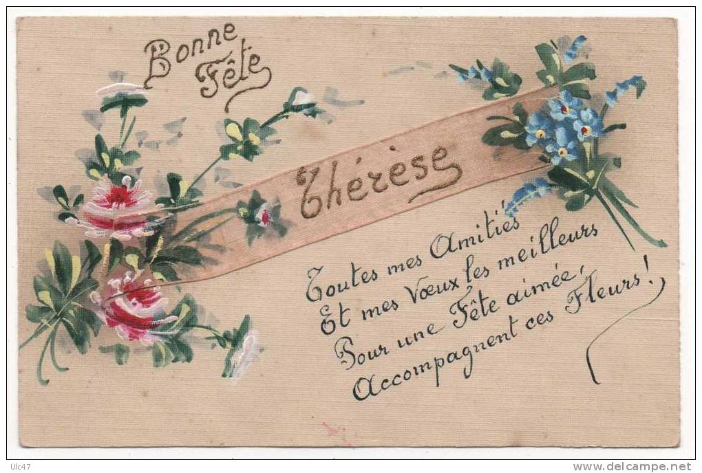 - Bonne Fête Thérèse. - Carte Toilée Peinte, Bandeau En  Tissu  - Scan Verso - - Autres & Non Classés