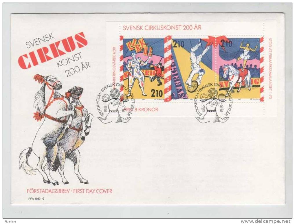 SWEDEN FDC 10-10-1987 Mini Sheet CIRCUS For 200 Years With Nice Cachet - FDC