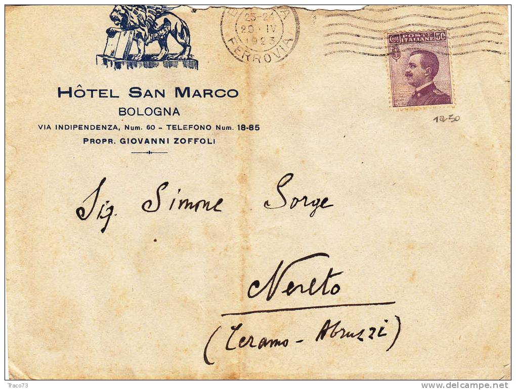 BOLOGNA - NERETO - Cover / Lettera 20.04.1923 - " Hotel San Marco (BO) " -  Michetti Cent. 50 Isolato - Reklame