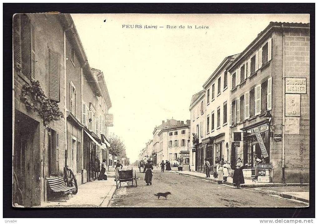 CPA  ANCIENNE- FRANCE- FEURS (42)- LA RUE DE LA LOIRE AVEC TRES BELLE ANIMATION- COMMERCES- BENZO-MOTEUR- AUTOMOBILINE- - Feurs