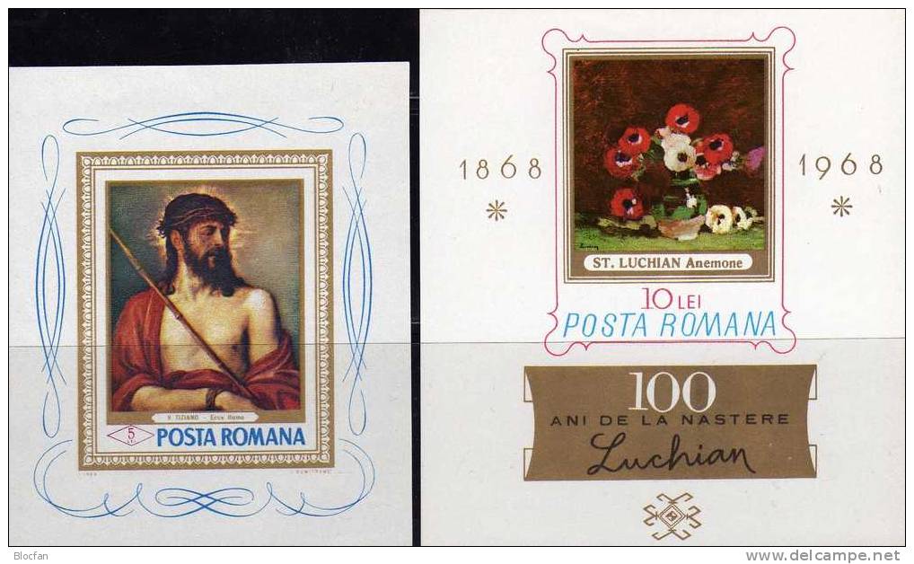 Gemälde Von Tizian Und Luchian 1968 Rumänien 2672/3, Block 65 Plus 66 ** 48€ Anemonen, Ecce Homo Bloc Sheet From Romania - Ungebraucht