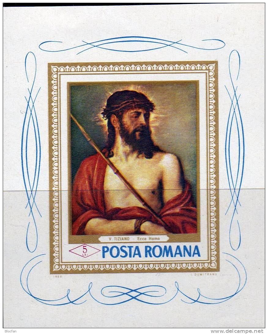 Gemälde Von Tizian Und Luchian 1968 Rumänien 2672/3, Block 65 Plus 66 ** 48€ Anemonen, Ecce Homo Bloc Sheet From Romania - Unused Stamps