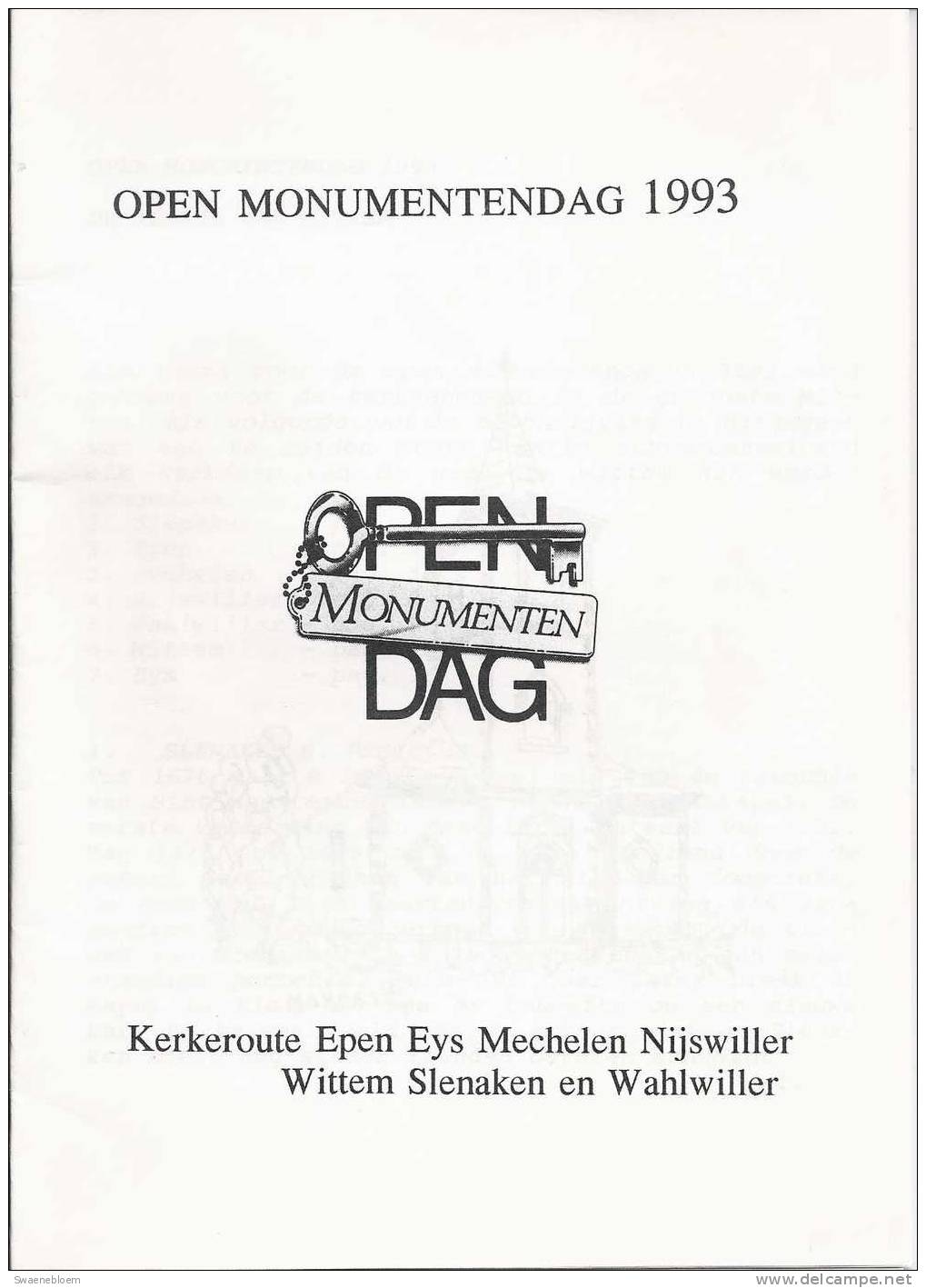 BE.- Programma - Monumentendag 1993. - Kerkroute Epen, Eys, Mechelen, Nijswiller, Wittem, Slenaken, Wahlwiller. 2 Scans - Programma's