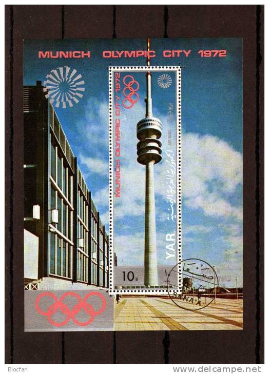 Olympiade München 1972 Fernsehturm Plus Schrannenplatz Yemen 1239/47 Block 145/6 O 14€ Bloc Sheet From Arabia - Yémen