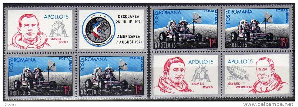 Astronauten Auf Dem Mond 1971 Rumänien 2969 Zf 1-4 Out Block 88 ** 10€ Apollo 15 US NASA Bf Bloc Se-tenant Of Romania - Unused Stamps