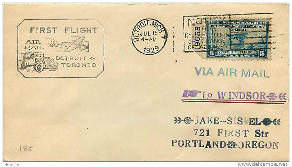 1929  Canadian Airways  First Flight  Detroit MI To Windsor   ON - 1c. 1918-1940 Covers