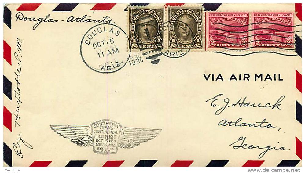 1930  CAM 33  First Flight  Douglas AZ  To Atlanta GA  Signed By Postmaster - 1c. 1918-1940 Covers