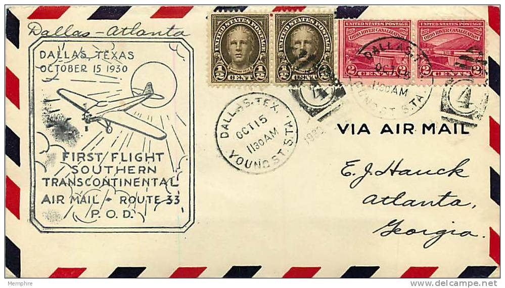 1930  CAM 33  First Flight  Dallas TX  To Atlanta GA - 1c. 1918-1940 Covers