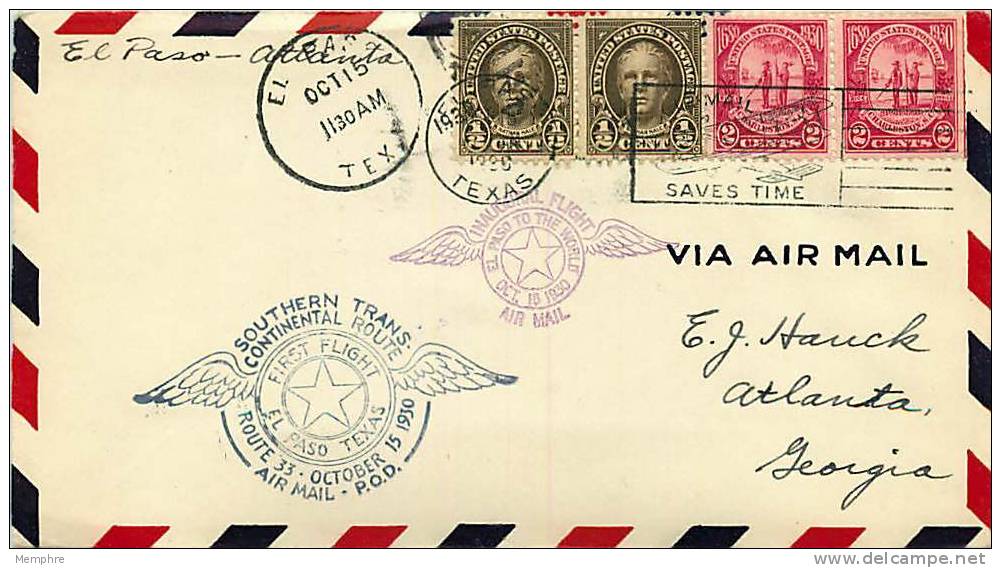 1930  CAM 33  First Flight  El Paso TX  To Atlanta GA - 1c. 1918-1940 Covers