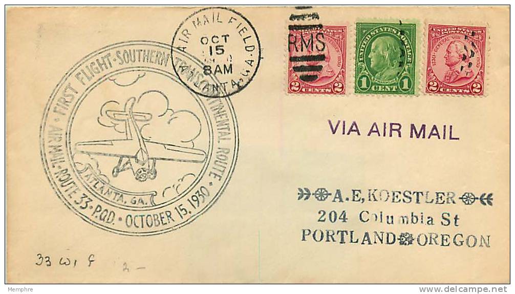 1930  CAM 33  First Flight   Atlanta GA - 1c. 1918-1940 Covers