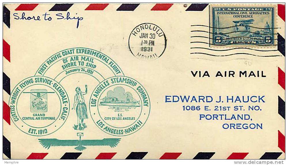 1930  Honolulu HI  Experimental Shore To Ship Mail  Signed By Pilot - 1c. 1918-1940 Covers