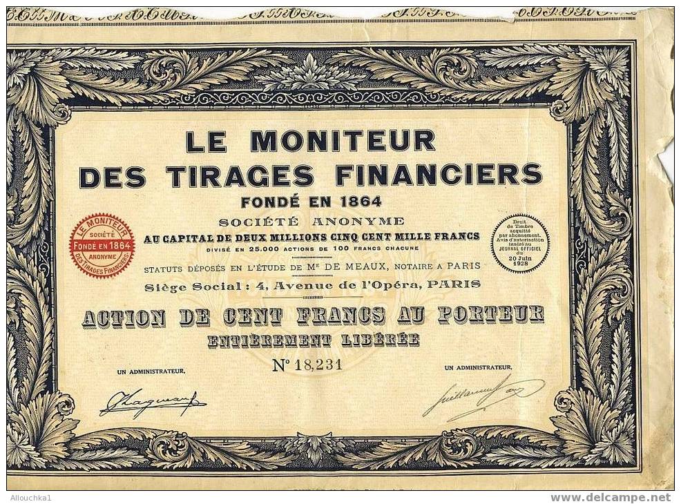 SCRIPOPHILIE COLLECTIONNEURS D´ACTIONS /TITRES De BOURSE PERIMES & DOCS DE 1928 LE MONITEUR DES TIRAGES FINANCIERS 100F - Bank & Versicherung