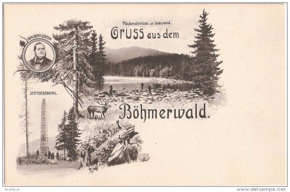 Böhmerwald Plöckensteinsee Adalbert Stifter Denkmal Sumava 1907 Belebt Hirsch TOP-Erhaltung Ungelaufen - Boehmen Und Maehren