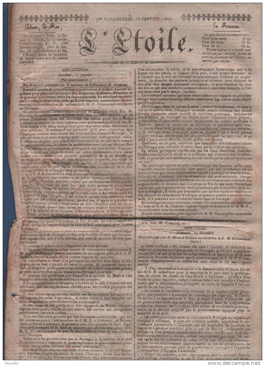 JOURNAL L´ETOILE 13 (14) 01 1827 - LONDRES PORTUGAL - TIVOLI INONDATIONS - ETATS UNIS ANGLETERRE COMMERCE - NANCY - 1800 - 1849