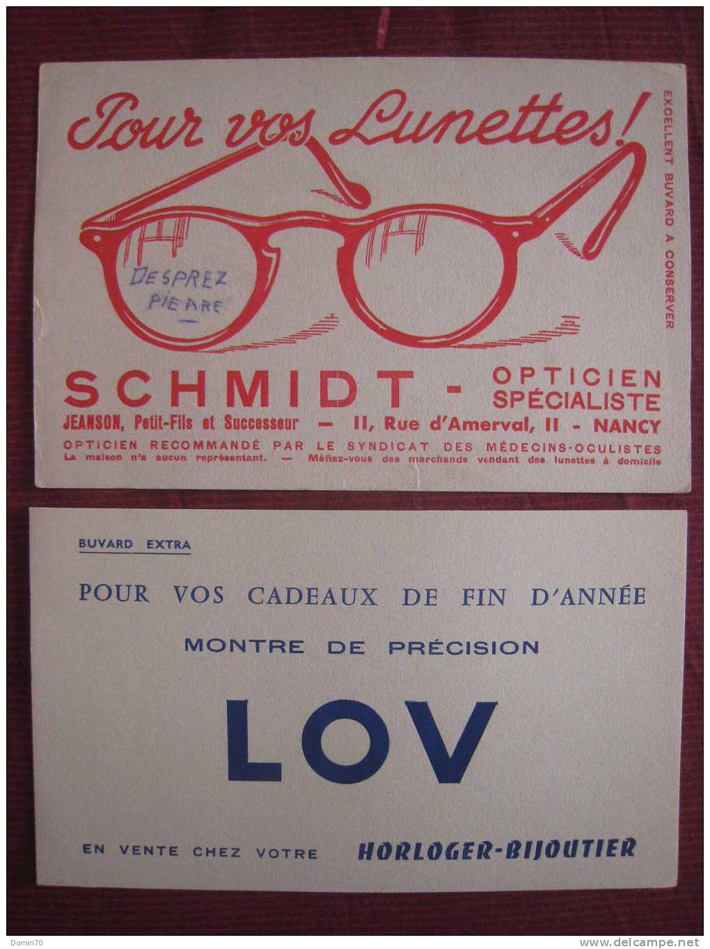 Buvard Bijouterie Horlogerie Montr LOV Lunettes Schmidt - Collections, Lots & Séries