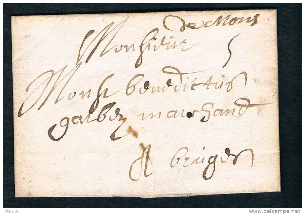 Belgique Précurseur 1706 Lettre Avec Manuscrit "de Mons" - 1621-1713 (Pays-Bas Espagnols)