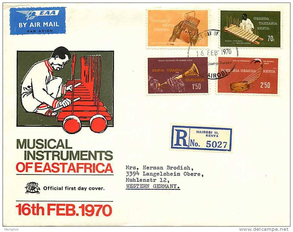 K-U-T  1970  Native Musical Instruments  Sc 209-212  FDc - Kenya, Ouganda & Tanzanie