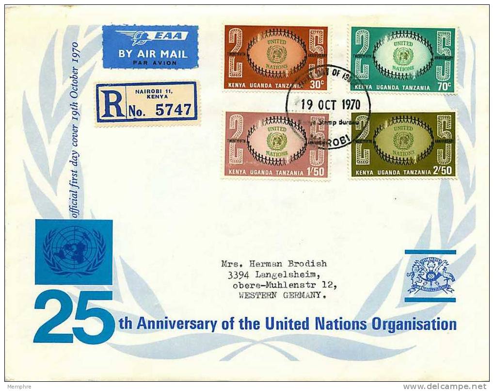 K-U-T  1970  United Nations 25th Anniversary  Sc 221-4  FDc - Kenya, Uganda & Tanzania