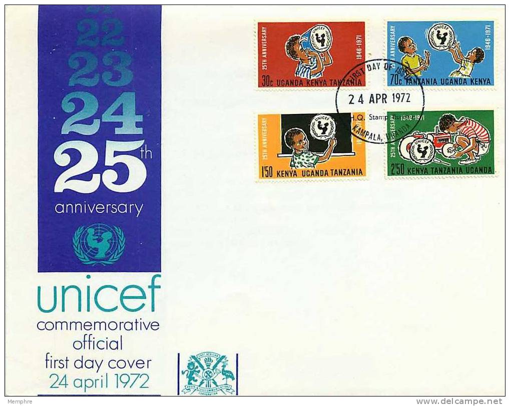 K-U-T  1972  UNICEF 25th Anniversary  Sc 246-9  FDC - Kenya, Oeganda & Tanzania