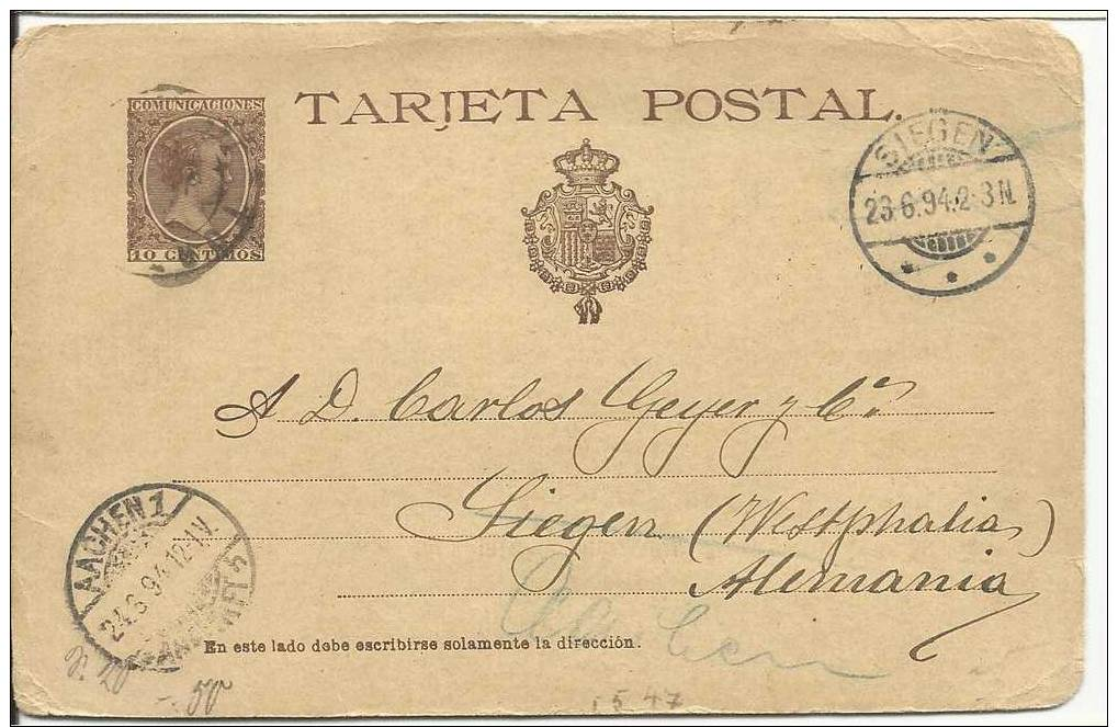 ESPANA 1894  Tarjeta Postal Sent From Zarragoza To Siegen, Further Aachen, Germany - 1850-1931